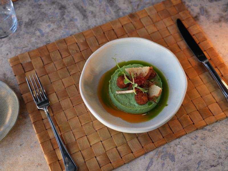 Pastrami Meatballs on Avocado Hummus